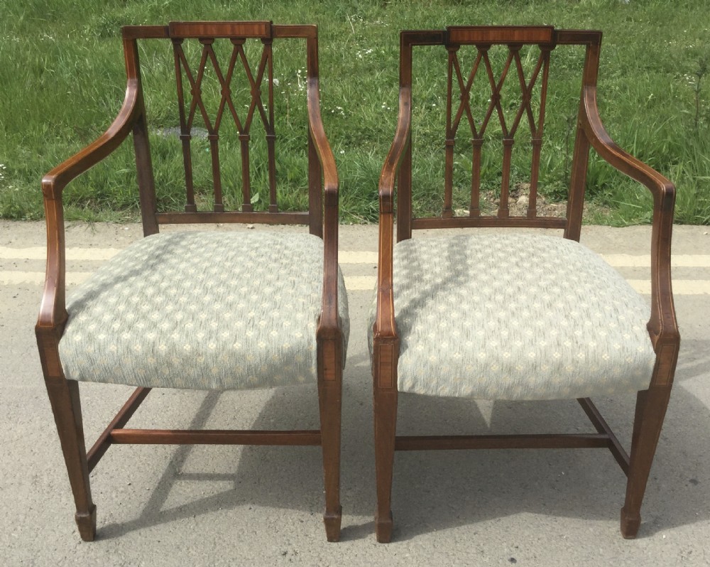 Pair Edwardian Inlaid Mahogany Carver Armchairs  View VI