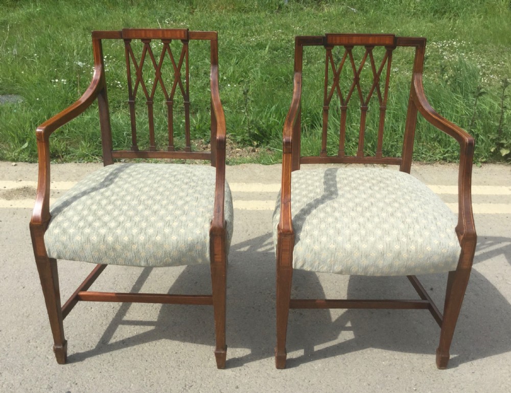 Pair Edwardian Inlaid Mahogany Carver Armchairs  View VIII