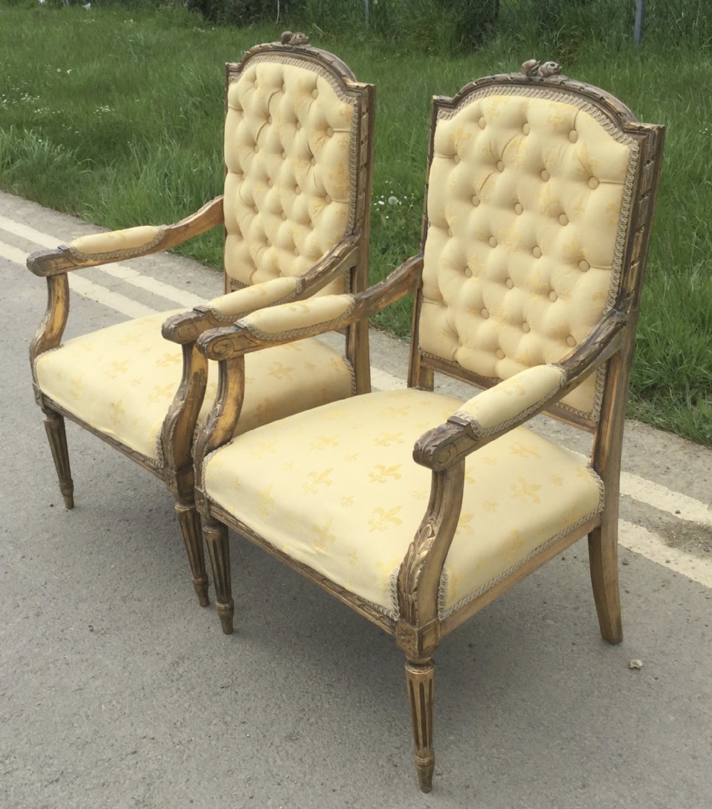Pair Gilt Framed Upholstered Salon Armchairs 