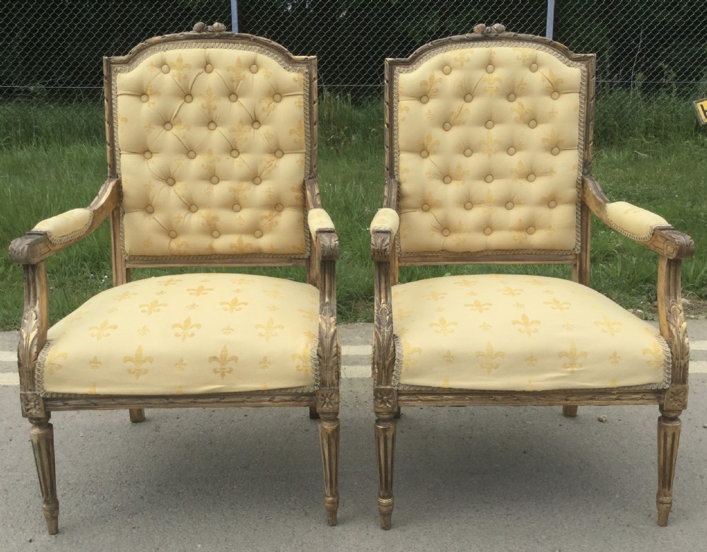 Pair Gilt Framed Upholstered Salon Armchairs  View IX