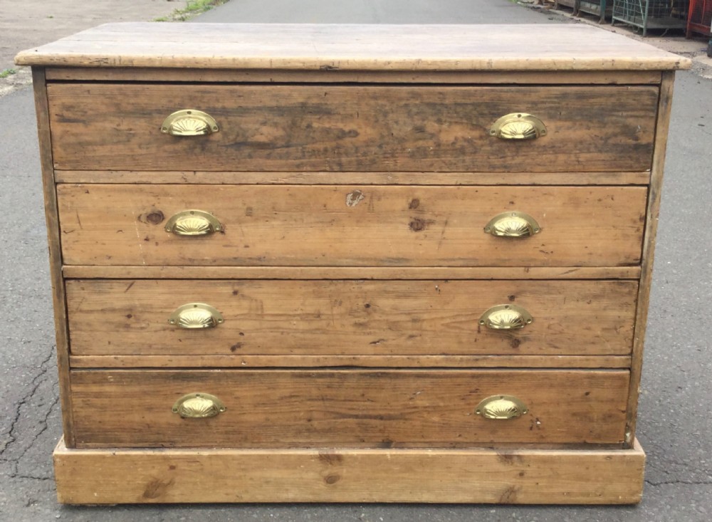 An Edwardian pitch pine plan chest featuring four wide drawers fitted with polished brass shell cup handles. View VII