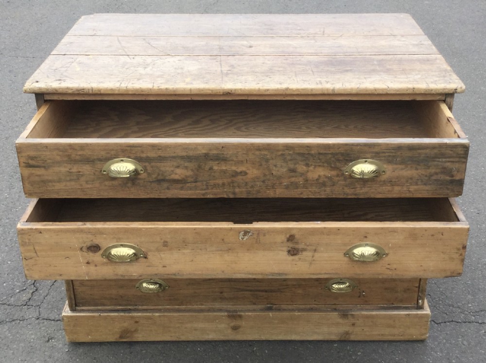 An Edwardian pitch pine plan chest featuring four wide drawers fitted with polished brass shell cup handles. View X