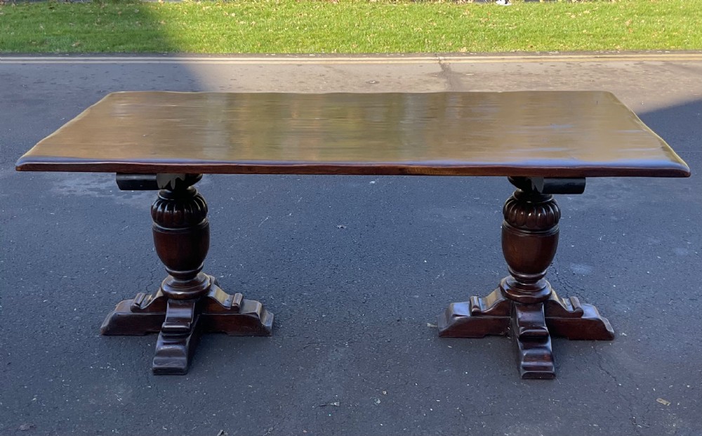 Oak Twin Carved Pillar Refectory Dining Table