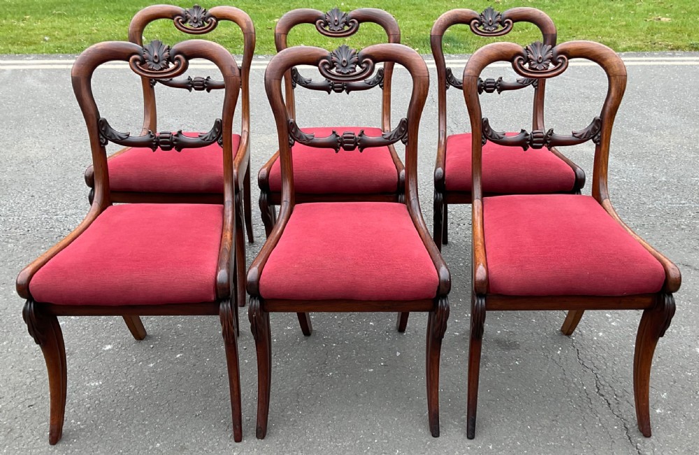 Set of six Regency rosewood dining chairs with carved balloon backs and red upholstered seats. View III