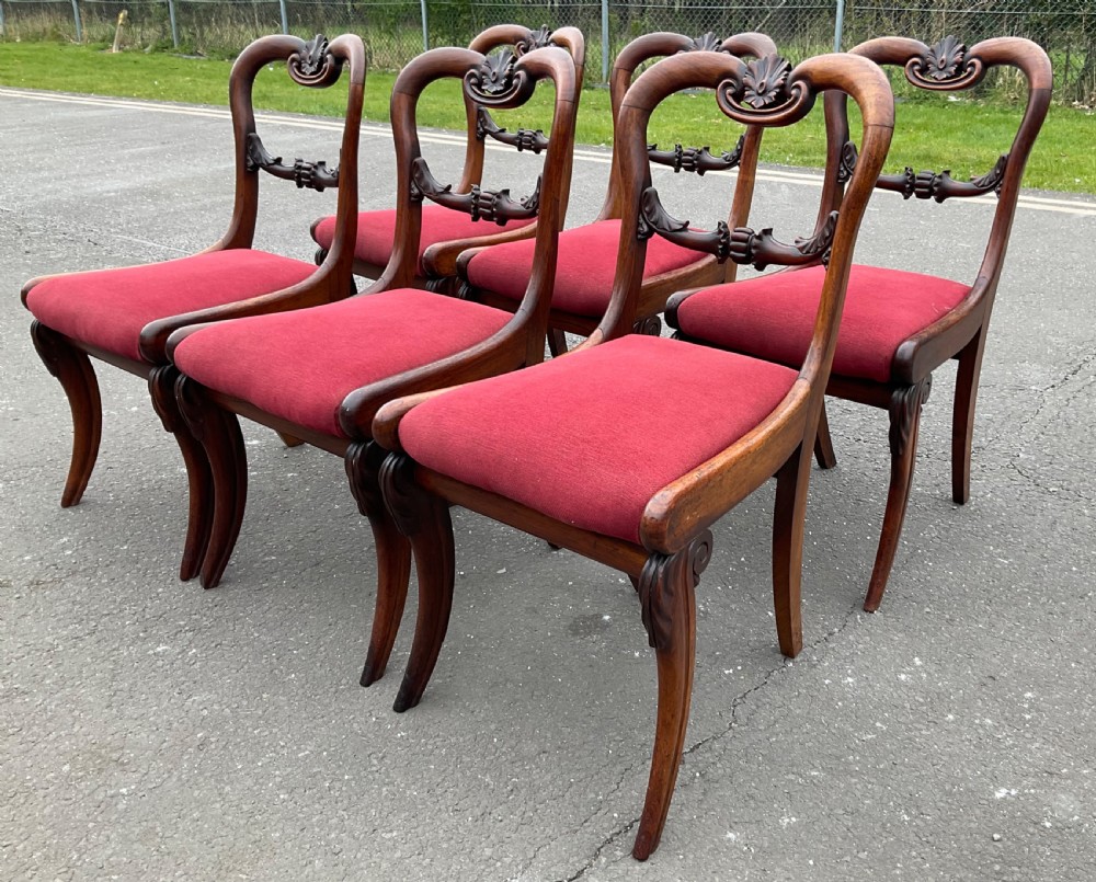 Set of six Regency rosewood dining chairs with carved balloon backs and red upholstered seats. View VII