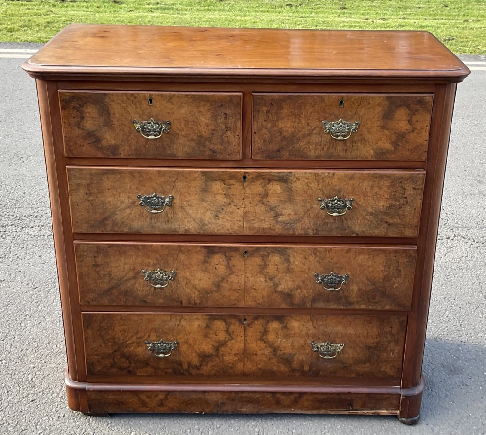 A Victorian burr walnut chest of drawers featuring a two-over-three drawer layout, decorative brass drop handles, and a solid plinth base. View II