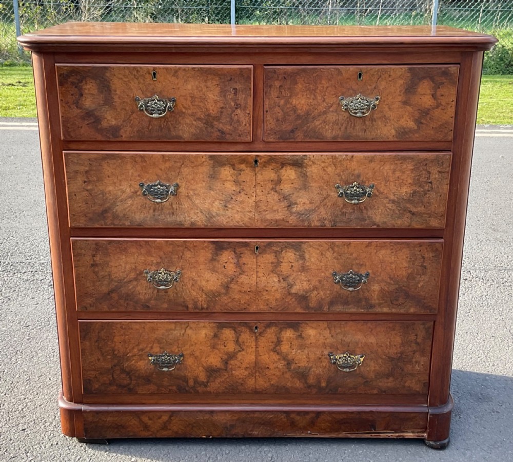 A Victorian burr walnut chest of drawers featuring a two-over-three drawer layout, decorative brass drop handles, and a solid plinth base. View IV