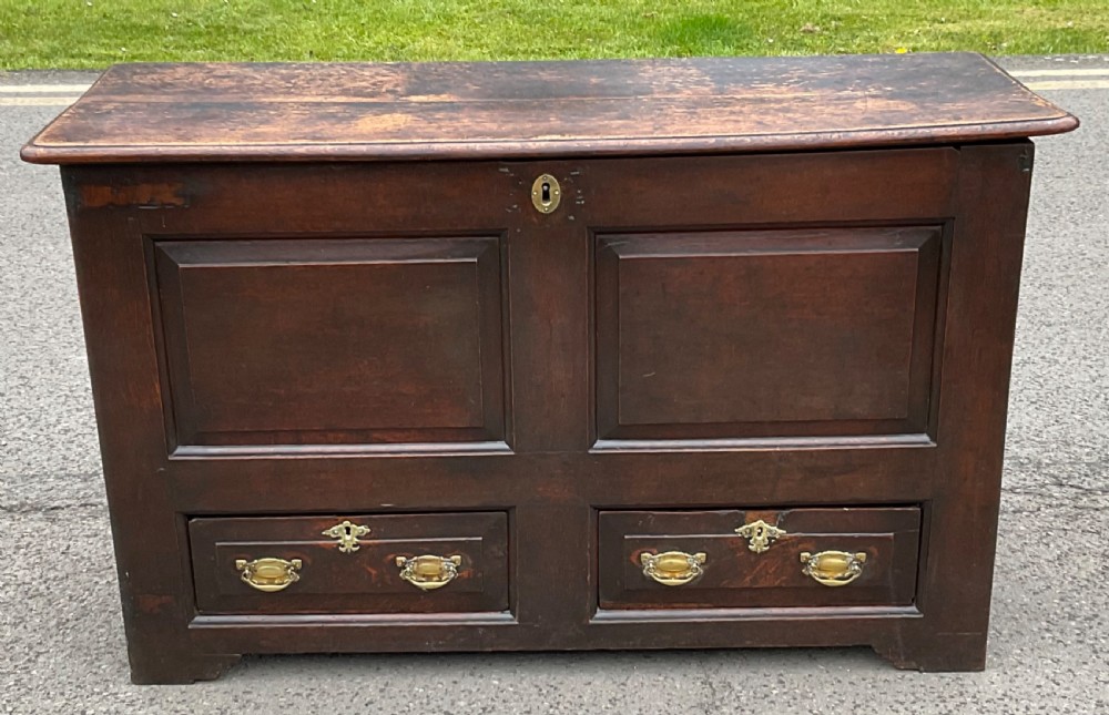 An antique dark oak mule chest featuring two raised front panels above two short drawers with brass handles and keyholes.