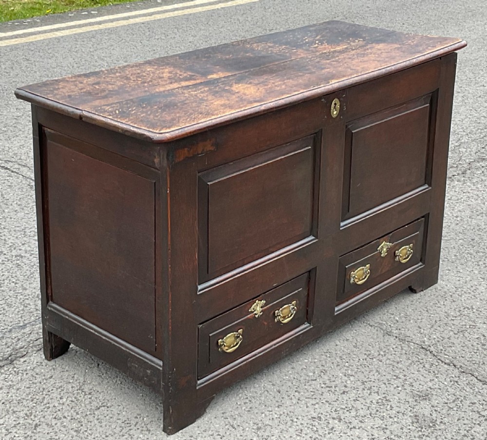 An antique dark oak mule chest featuring two raised front panels above two short drawers with brass handles and keyholes. View II