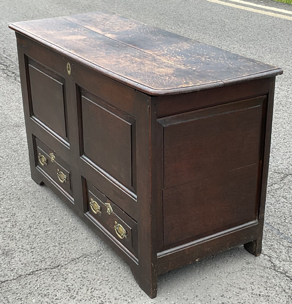 An antique dark oak mule chest featuring two raised front panels above two short drawers with brass handles and keyholes. View III