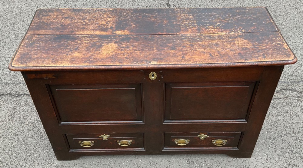 An antique dark oak mule chest featuring two raised front panels above two short drawers with brass handles and keyholes. View IV