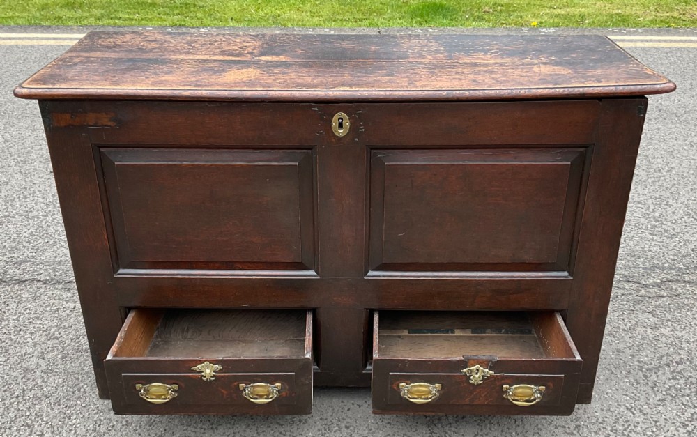 An antique dark oak mule chest featuring two raised front panels above two short drawers with brass handles and keyholes. View VII