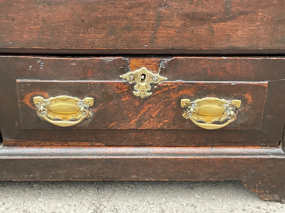 An antique dark oak mule chest featuring two raised front panels above two short drawers with brass handles and keyholes. View X