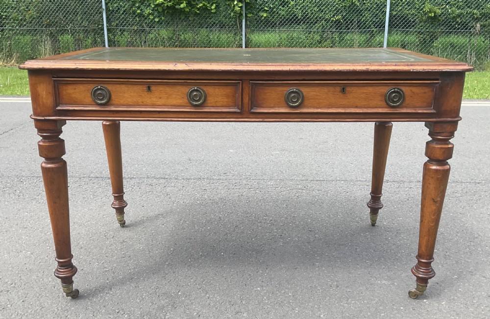 Victorian Golden Oak Leather Top Writing Table  View II