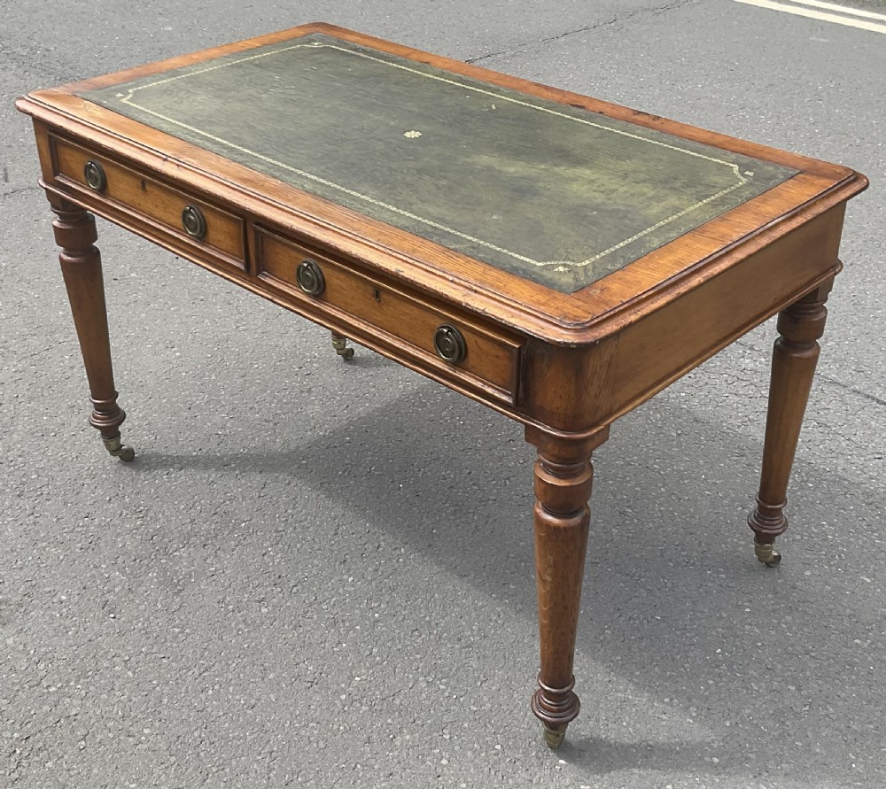 Victorian Golden Oak Leather Top Writing Table  View IV