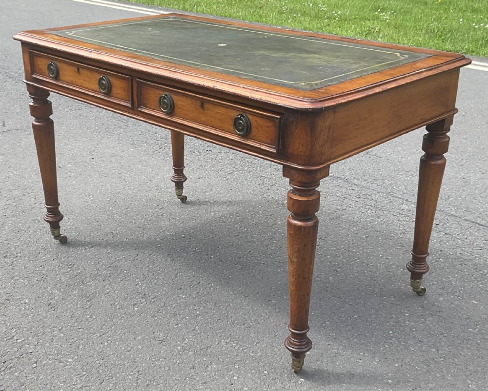Victorian Golden Oak Leather Top Writing Table  View V
