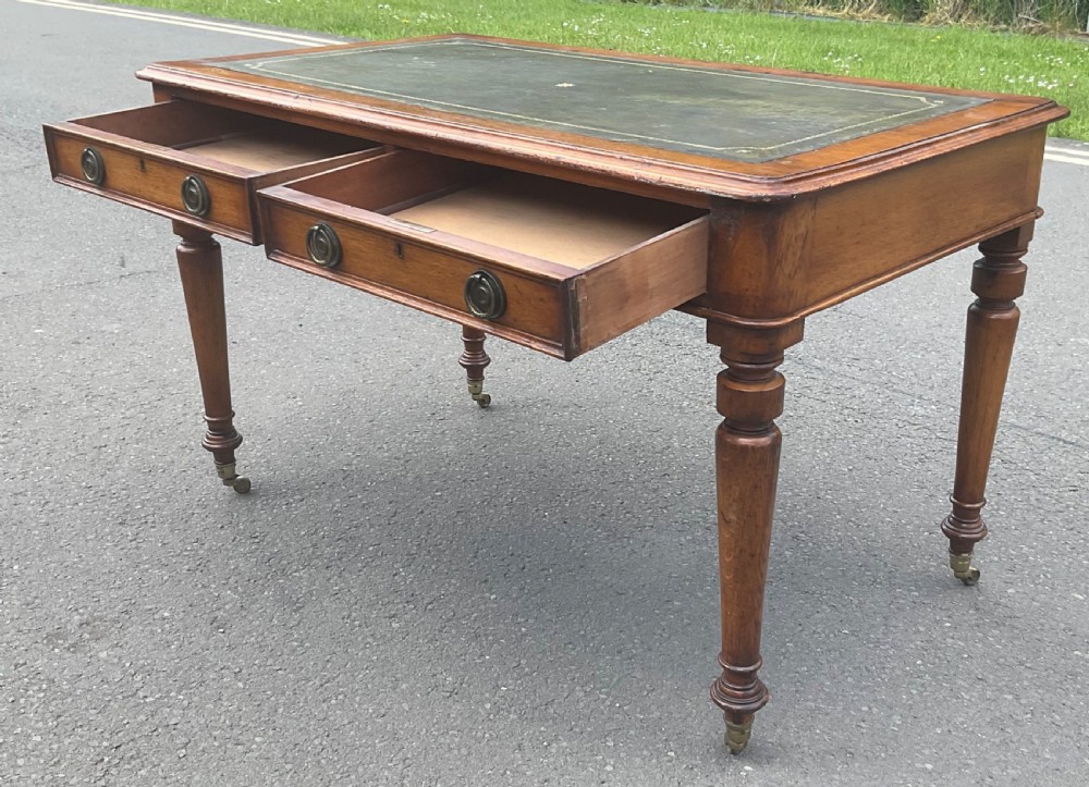 Victorian Golden Oak Leather Top Writing Table  View X