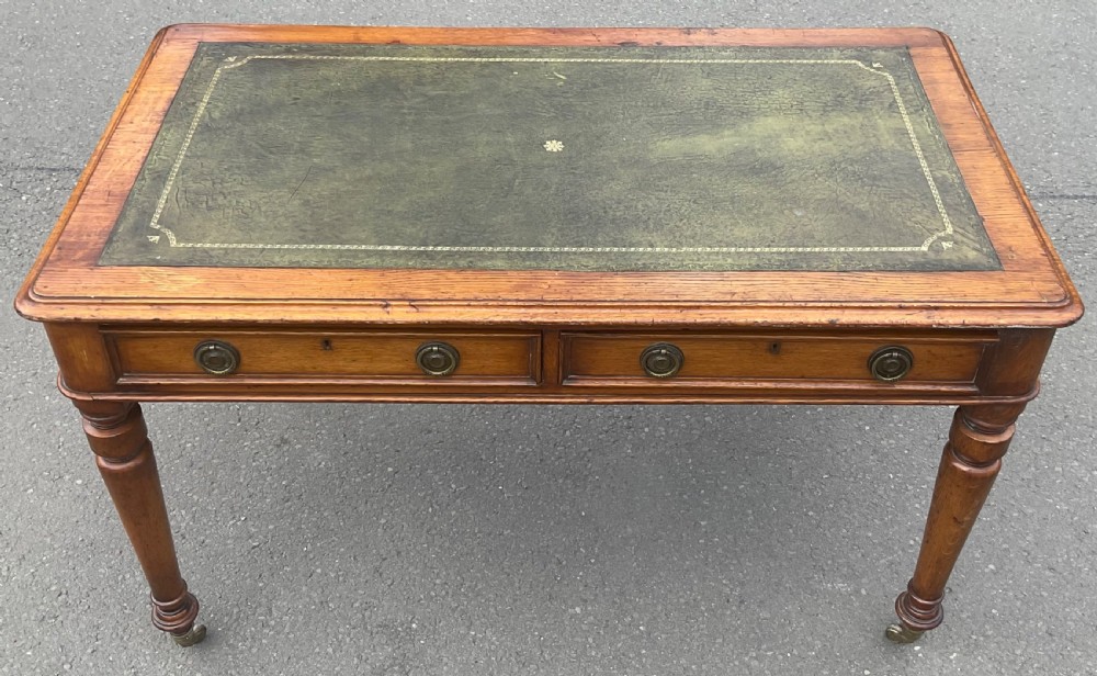 Victorian Golden Oak Leather Top Writing Table  View XII