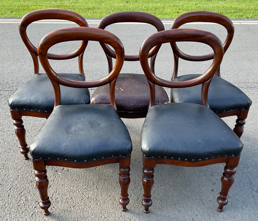 A set of five Victorian mahogany dining chairs featuring rounded balloon backrests, dark leather upholstered seats, and turned front legs.