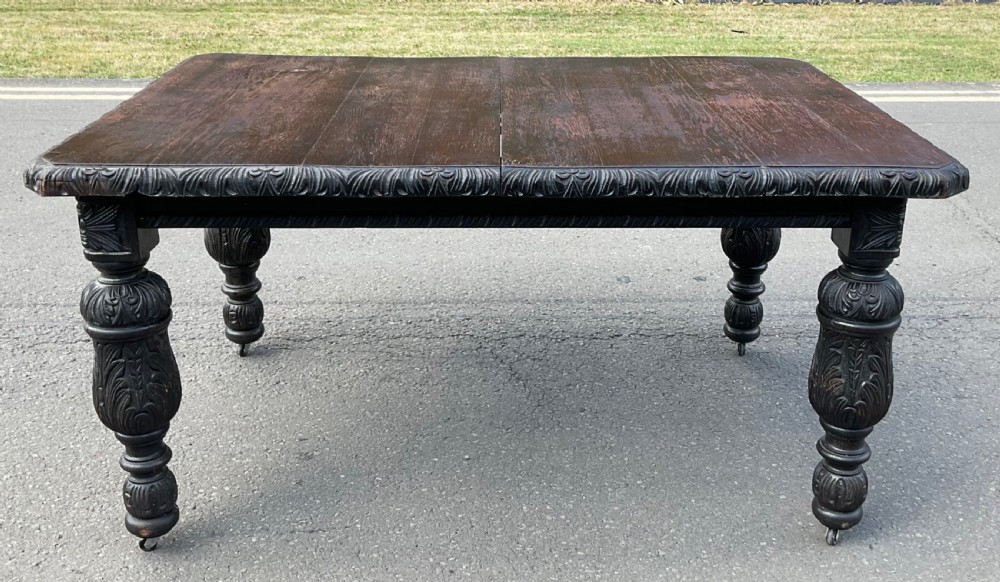 Victorian Carved Dark Oak Extending Dining Table to Seat Ten  View II
