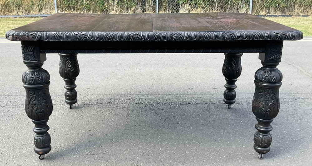 Victorian Carved Dark Oak Extending Dining Table to Seat Ten  View V