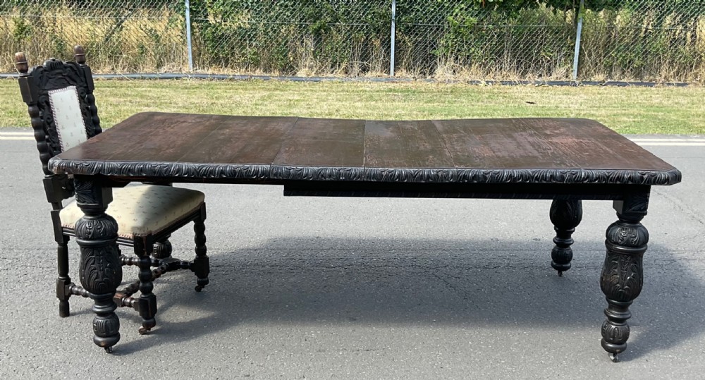 Victorian Carved Dark Oak Extending Dining Table to Seat Ten  View XII