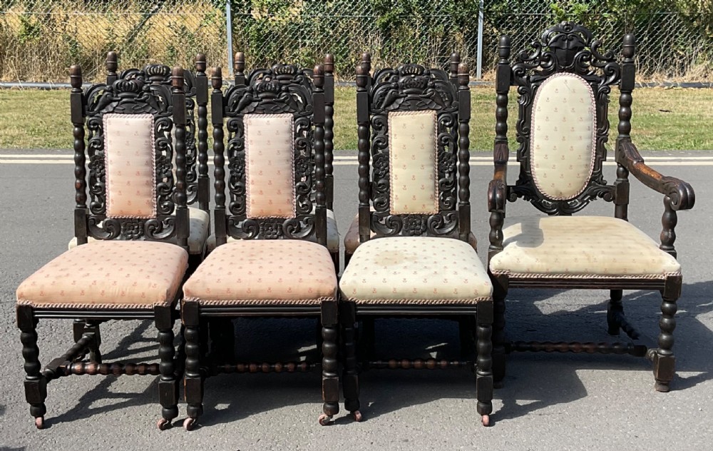 Set of Seven Victorian Dark Carved Oak Dining Chairs