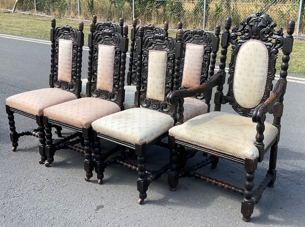 Set of Seven Victorian Dark Carved Oak Dining Chairs View II