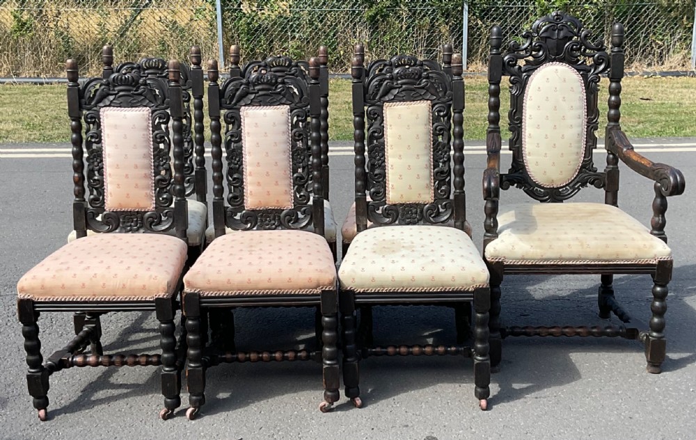 Set of Seven Victorian Dark Carved Oak Dining Chairs View III