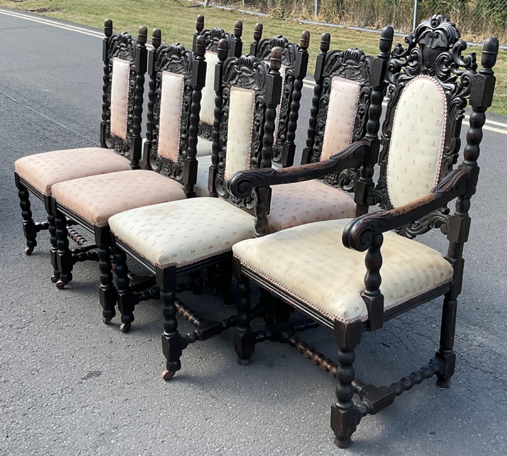 Set of Seven Victorian Dark Carved Oak Dining Chairs View IV