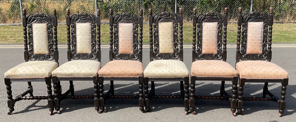 Set of Seven Victorian Dark Carved Oak Dining Chairs View V