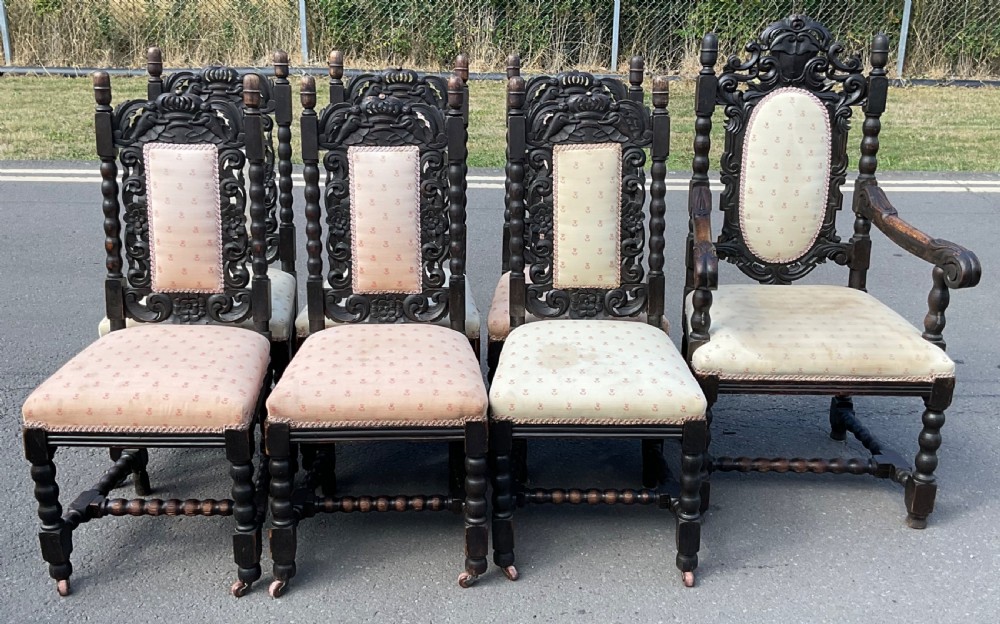 Set of Seven Victorian Dark Carved Oak Dining Chairs View VI