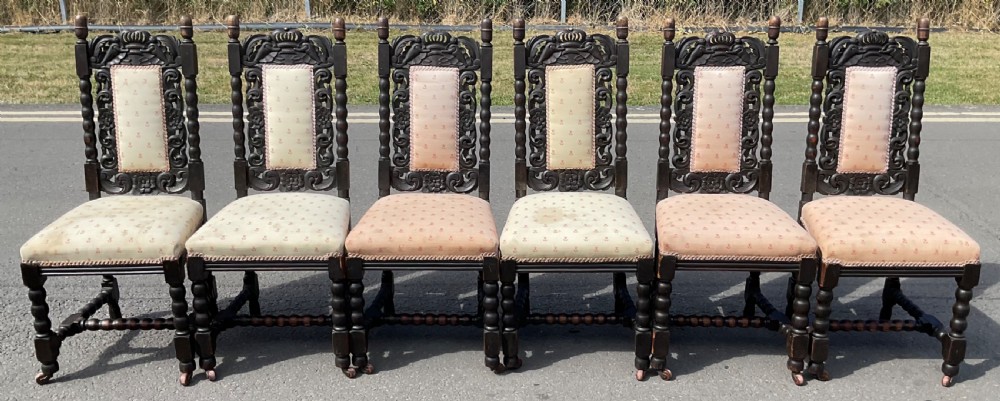 Set of Seven Victorian Dark Carved Oak Dining Chairs View VII