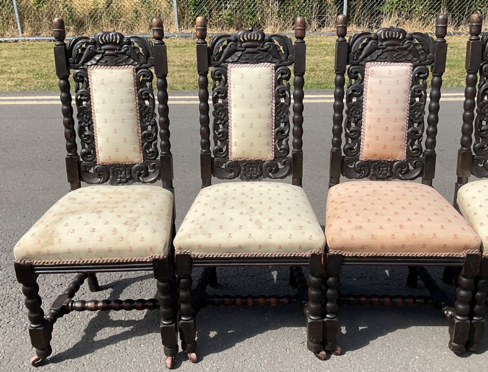 Set of Seven Victorian Dark Carved Oak Dining Chairs View VIII