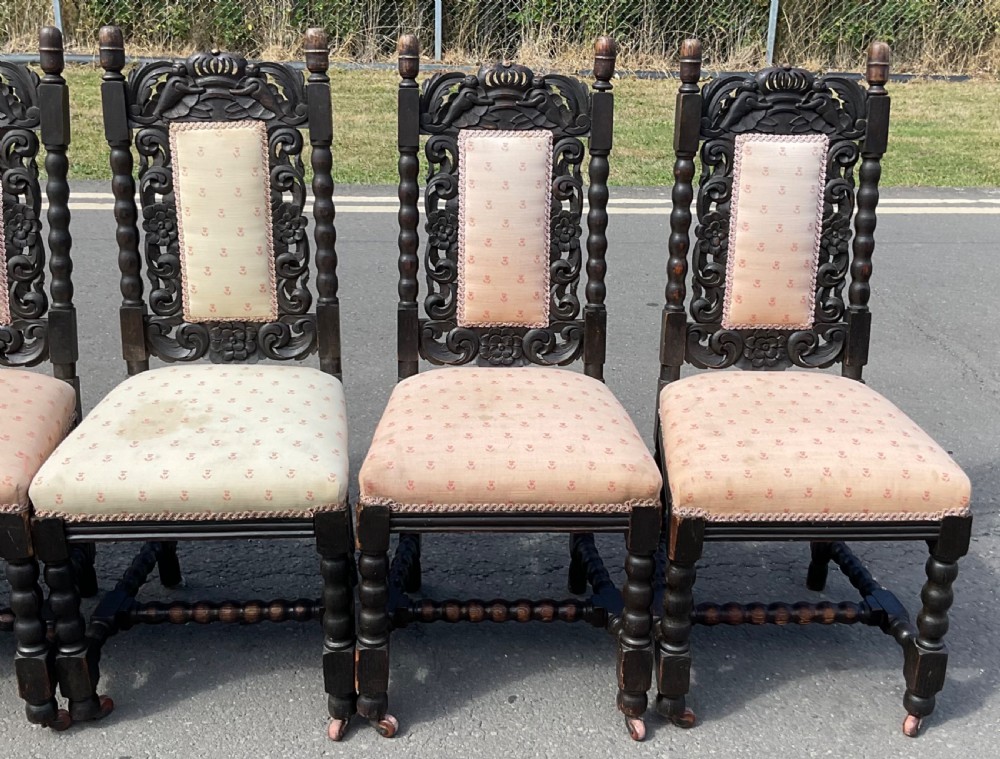 Set of Seven Victorian Dark Carved Oak Dining Chairs View X