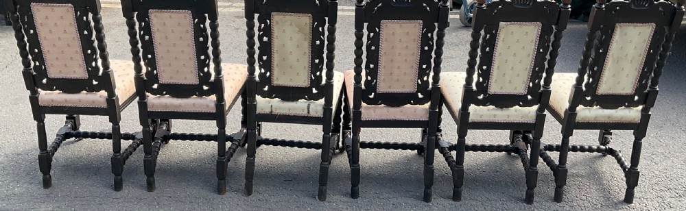 Set of Seven Victorian Dark Carved Oak Dining Chairs View XI