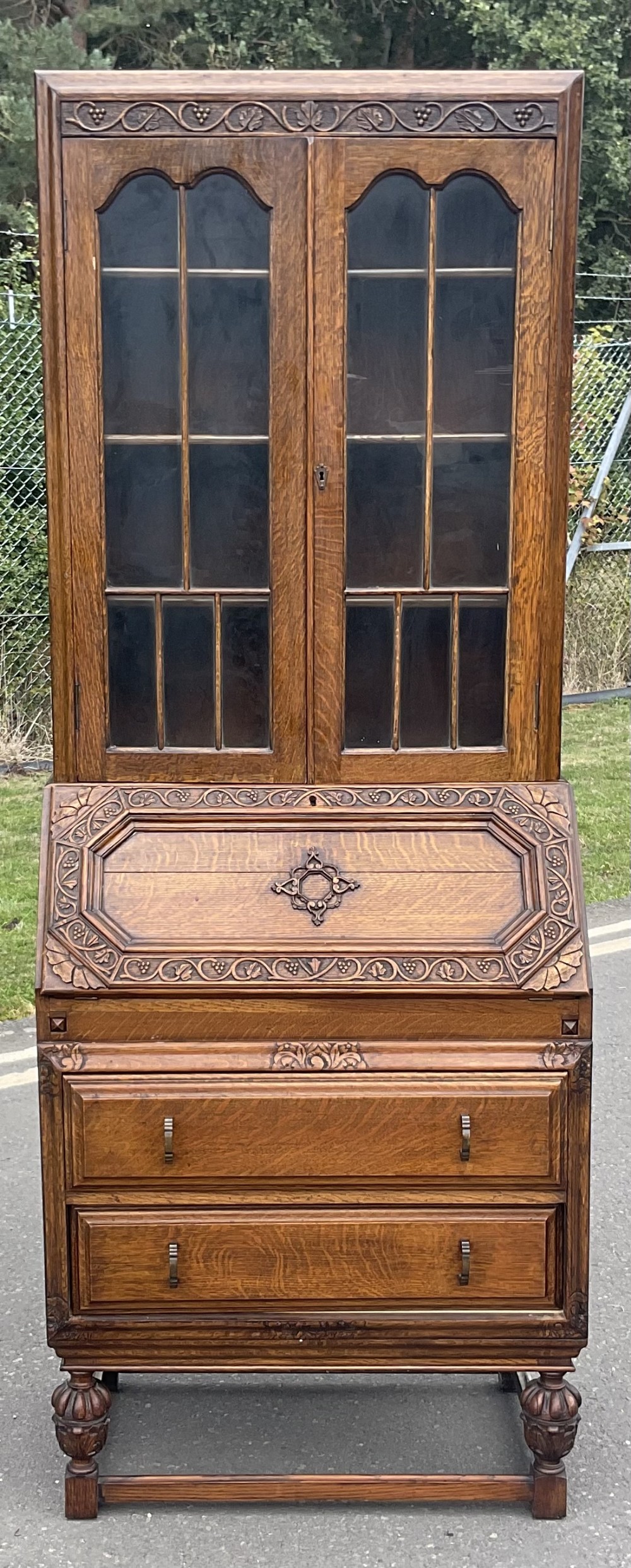 Carved Oak Bureau Bookcase 