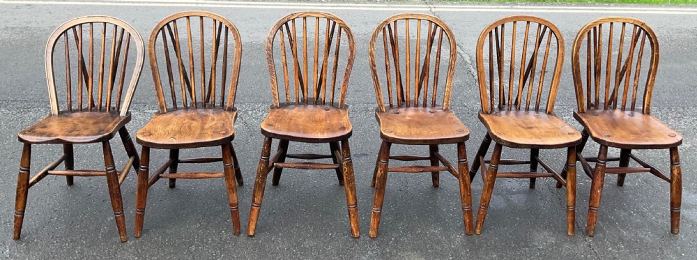 Six Windsor Stickback Kitchen Chairs 