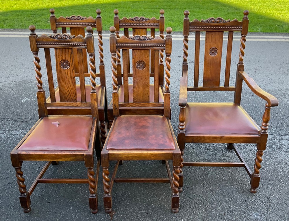 Set of Five Oak Barley Twist Dining Chairs 