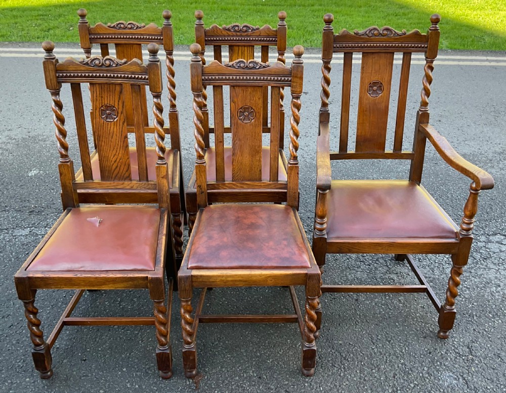 Set of Five Oak Barley Twist Dining Chairs  View X