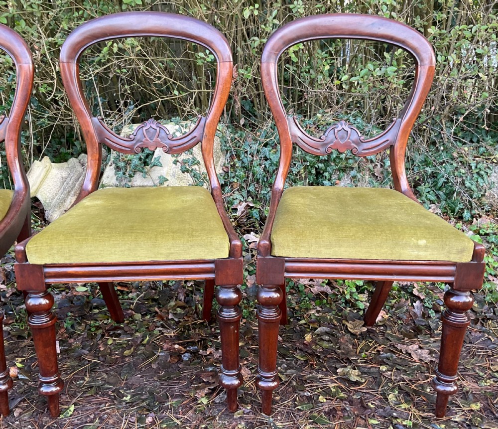 A set of four Victorian mahogany dining chairs featuring rounded balloon backs with carved central splats and olive green velvet upholstered seats. View IV