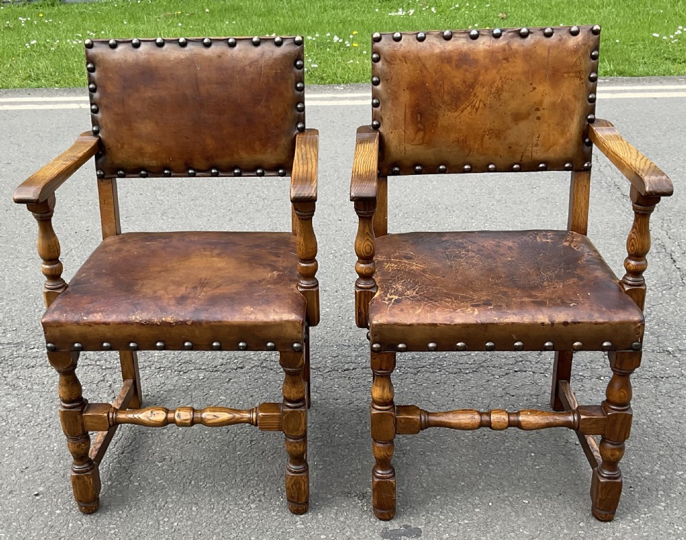 Pair Cromwellian Style Leather Carver Armchairs 