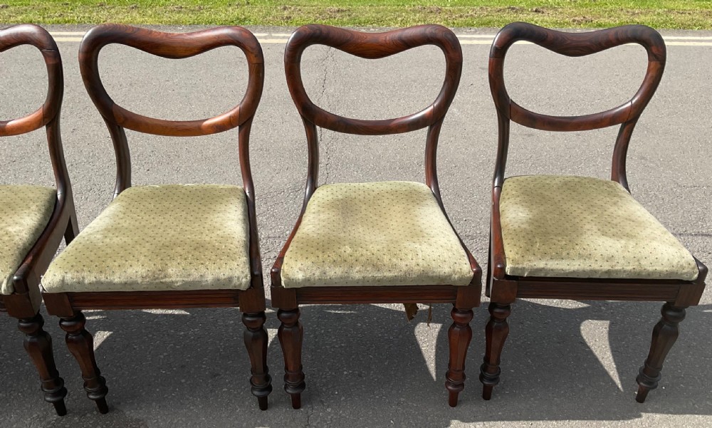 A set of six Victorian rosewood balloon back dining chairs with green velvet upholstered seats and turned front legs. View IX