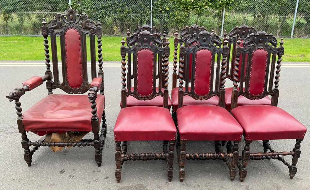 Set of Seven Victorian Carved Oak Dining Chairs 