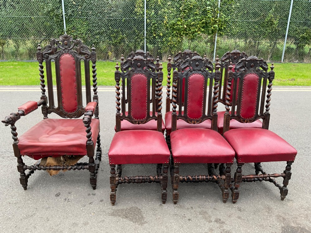 Set of Seven Victorian Carved Oak Dining Chairs  View III