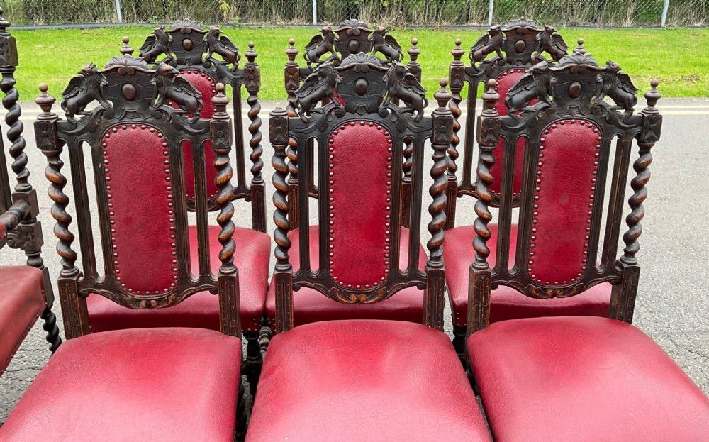 Set of Seven Victorian Carved Oak Dining Chairs  View V