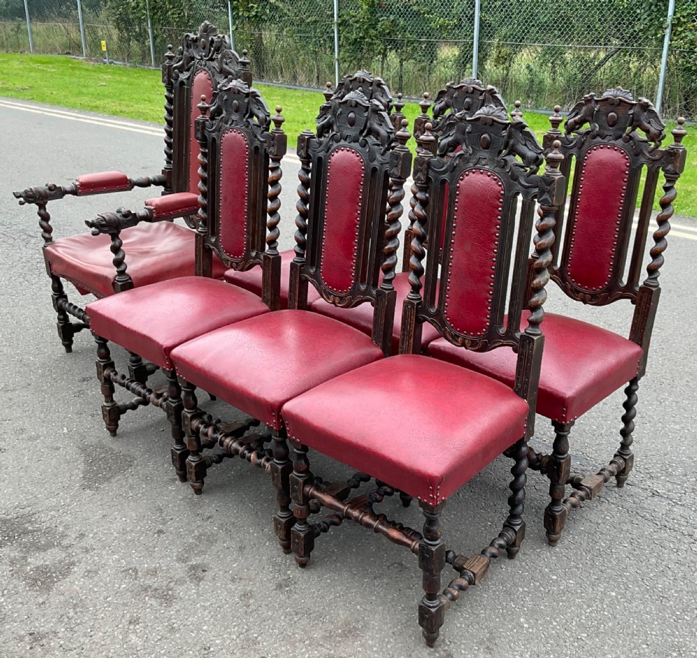 Set of Seven Victorian Carved Oak Dining Chairs  View VI