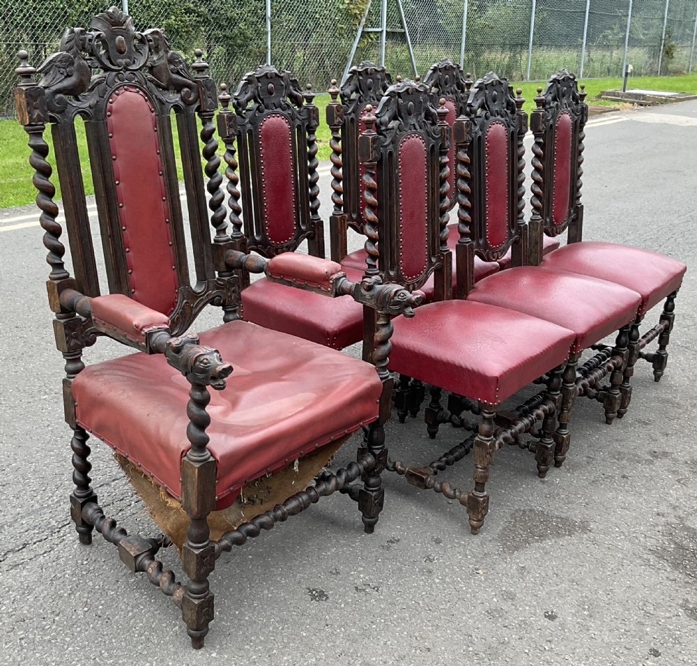 Set of Seven Victorian Carved Oak Dining Chairs  View VII