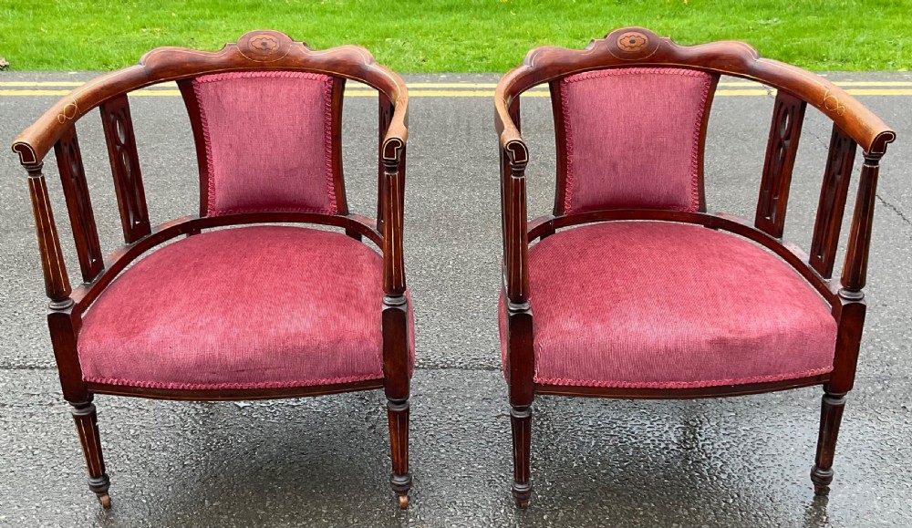 Pair Edwardian Inlaid Mahogany Tub Armchairs
