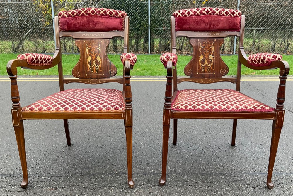 Edwardian Inlaid Mahogany Salon Armchairs 